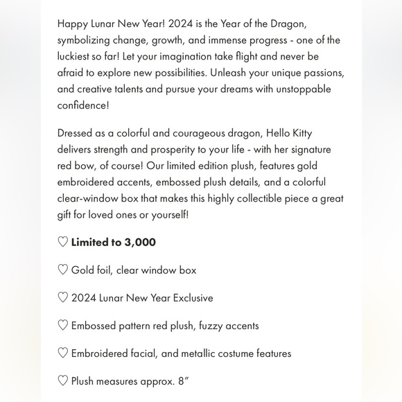 Hello Kitty 8" Year of the Dragon 2024 Boxed Plush (Limited Edition) - Picture 7 of 15